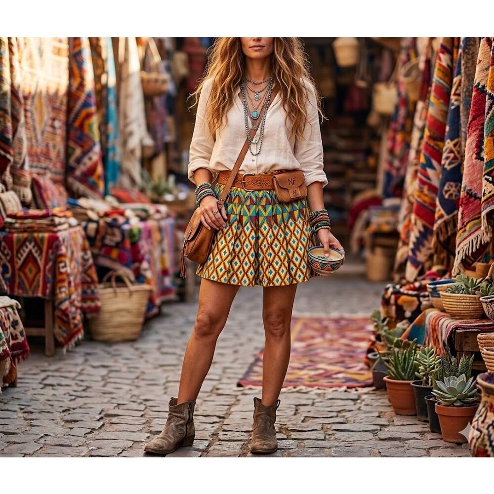 NF Cotton Geometric Print Pleated Mini Skirt One Size African boho